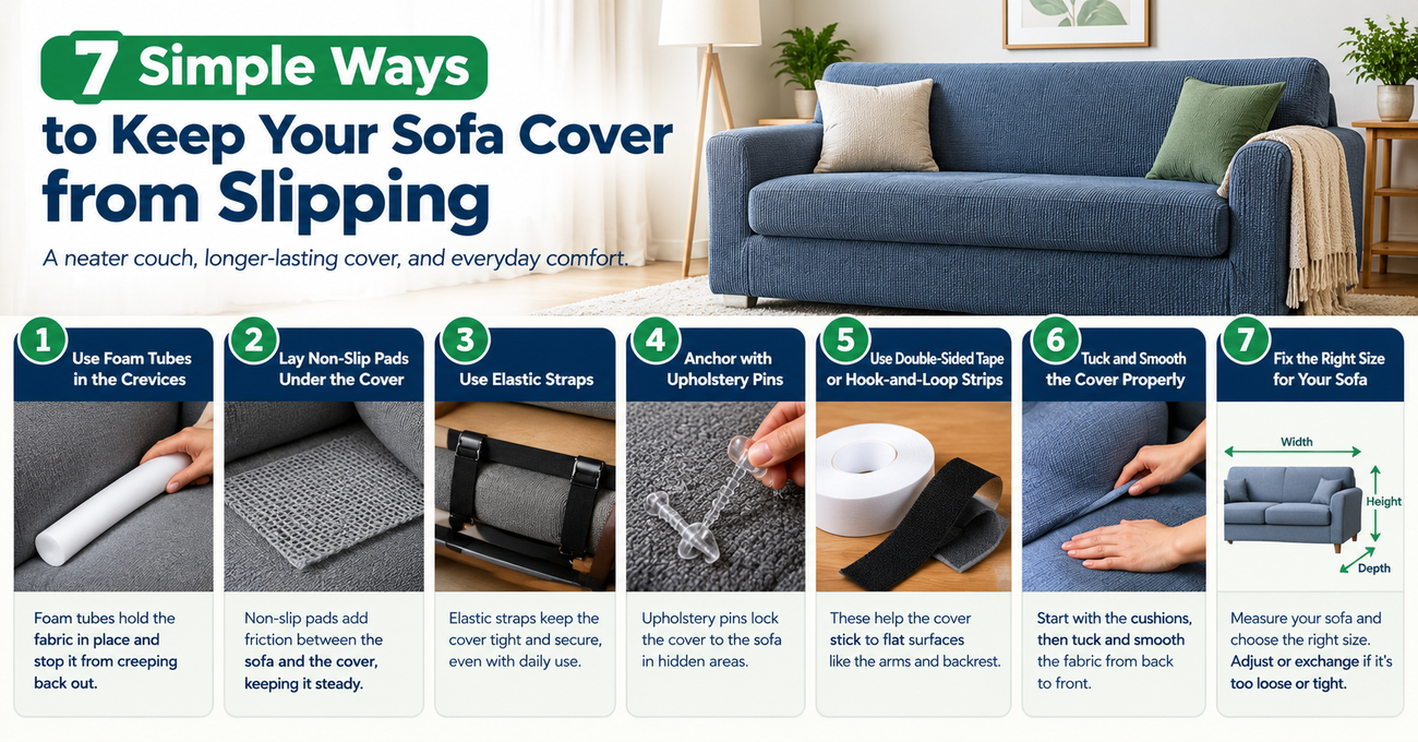 Infographic showing seven ways to keep a sofa cover from slipping, including foam tubes, non-slip pads, elastic straps, upholstery pins, adhesive strips, proper tucking, and choosing the correct sofa cover size.