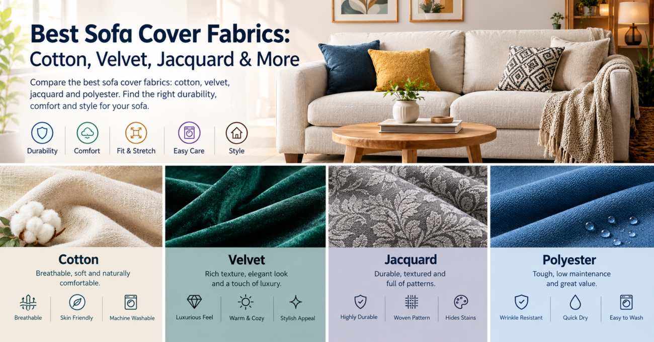 Compare the best sofa cover fabrics: cotton, velvet, jacquard and polyester. Find the right durability, comfort and style for your sofa.