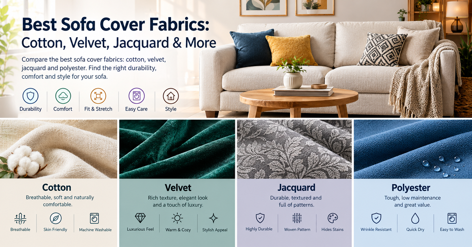 Compare the best sofa cover fabrics: cotton, velvet, jacquard and polyester. Find the right durability, comfort and style for your sofa.