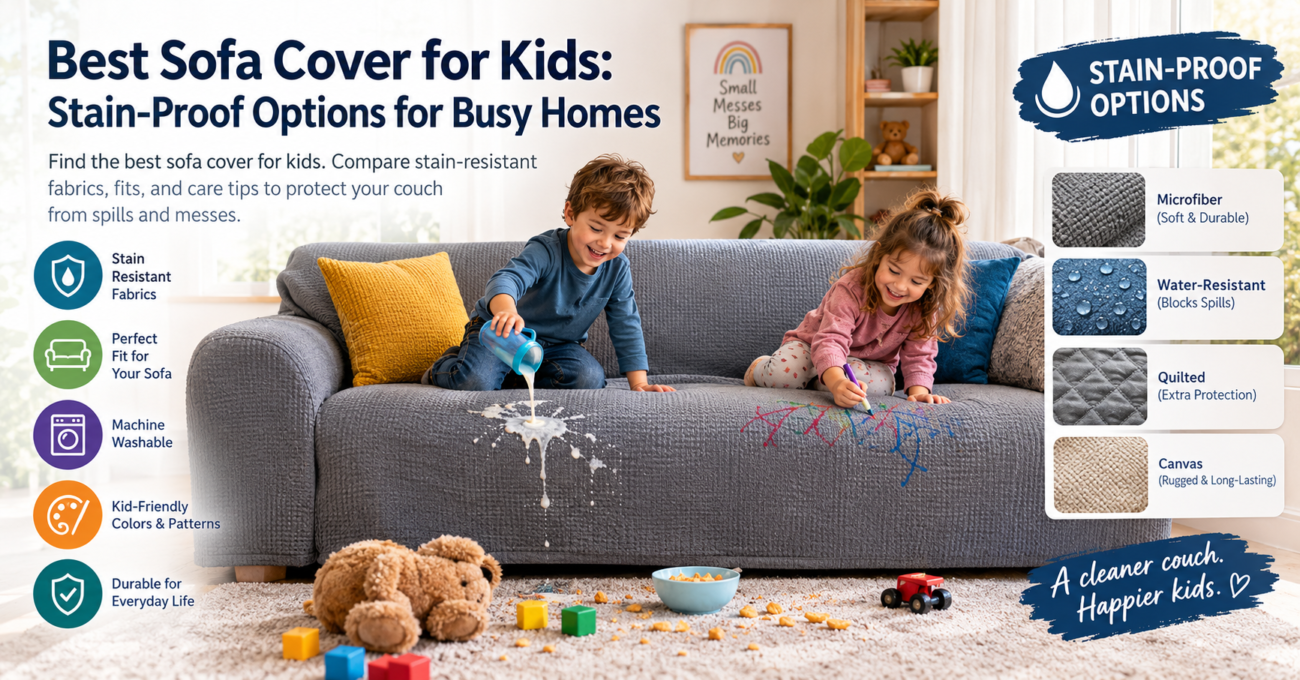 Best sofa cover for kids featuring a stain-resistant gray sofa cover, children spilling milk and drawing, and fabric options including microfiber, waterproof, quilted, and canvas for busy family homes.