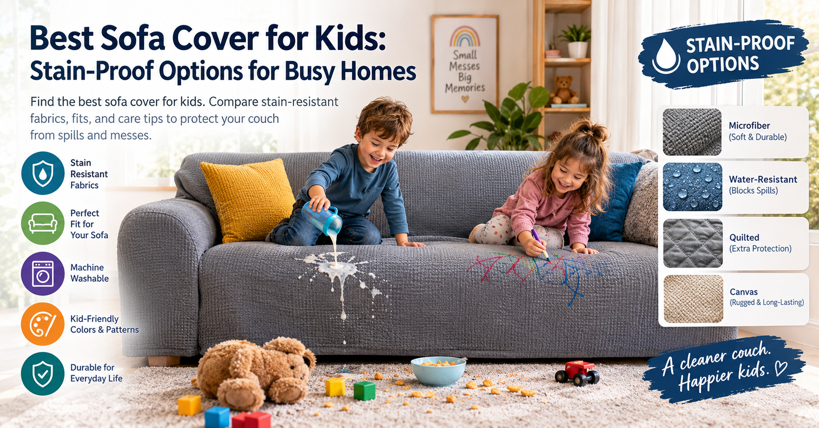 Best sofa cover for kids featuring a stain-resistant gray sofa cover, children spilling milk and drawing, and fabric options including microfiber, waterproof, quilted, and canvas for busy family homes.