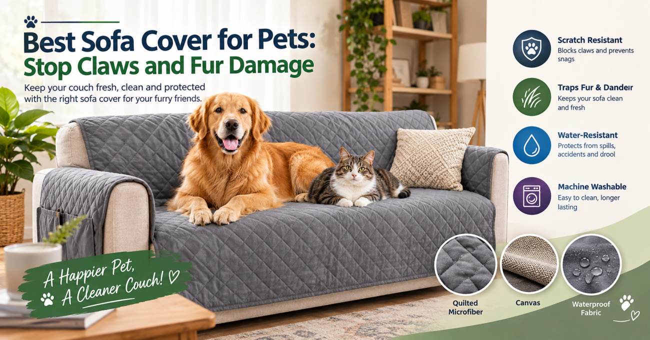 Best sofa cover for pets featuring a scratch-resistant, quilted gray cover with a dog and cat, highlighting protection against claws, pet fur, spills, and stains.