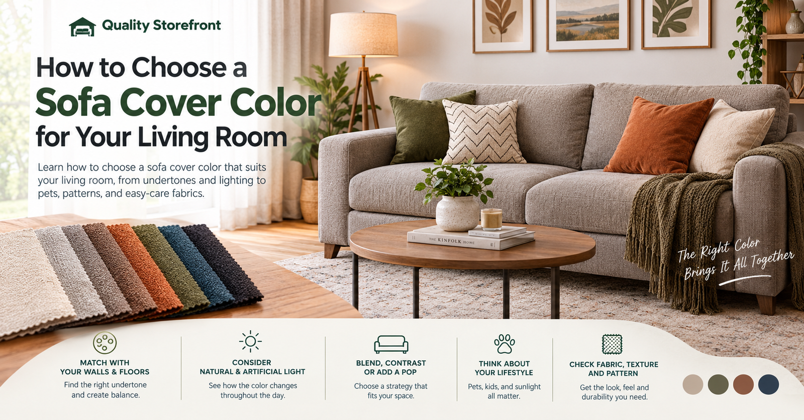 Learn how to choose a sofa cover color that suits your living room, from undertones and lighting to pets, patterns, and easy-care fabrics.
