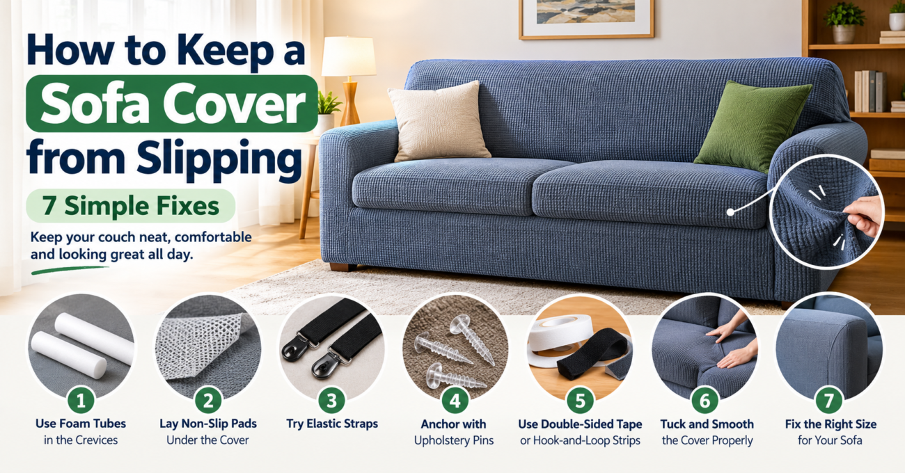How to keep a sofa cover from slipping, featuring a blue sofa and seven simple fixes: foam tubes, non-slip pads, elastic straps, upholstery pins, double-sided tape, proper tucking, and choosing the right cover size.