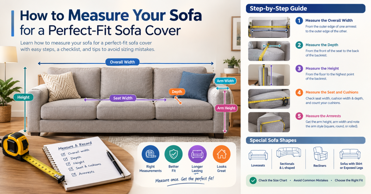 Learn how to measure your sofa for a perfect-fit sofa cover with easy steps, a checklist, and tips to avoid sizing mistakes.