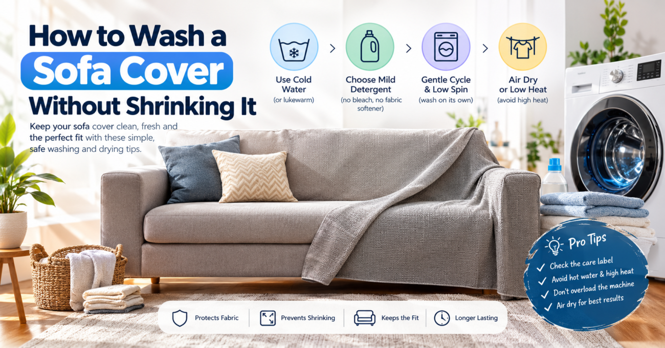Infographic showing how to wash a sofa cover without shrinking it, with tips to use cold water, mild detergent, a gentle wash cycle, and air drying. Features a modern gray sofa, washing machine, and pro tips for protecting fabric and maintaining the perfect fit.