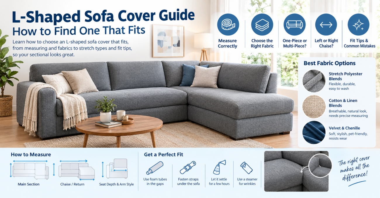 L-shaped sofa cover guide featuring a gray sectional in a modern living room, with tips on measuring sofa dimensions, choosing fabrics, selecting chaise orientation, achieving a wrinkle-free fit, and avoiding common fitting mistakes.