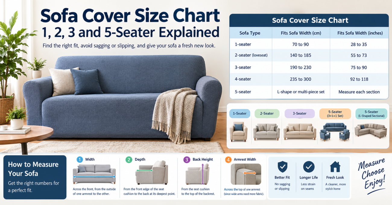 Sofa cover size chart showing 1, 2, 3, 4, and 5-seater sofa dimensions in centimeters and inches, with illustrations of sofa types and a guide to measuring width, depth, back height, and armrest width for a perfect fit.