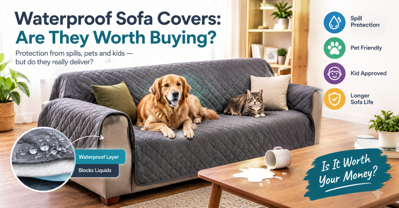 Waterproof sofa cover on a gray quilted couch with a dog and cat, highlighting protection against spills, pets, and kids, with a close-up of the waterproof layer.